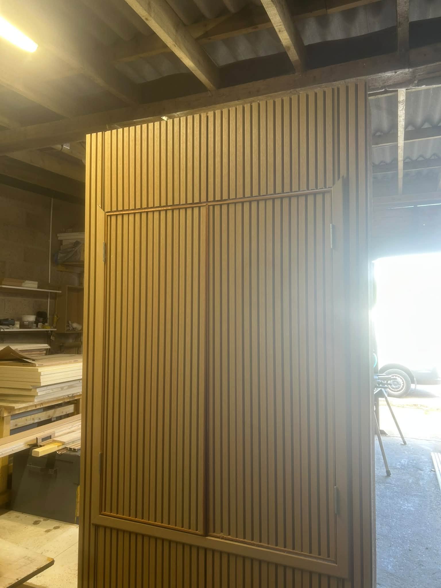Slatted timber joinery under construction in the Claypotts workshop